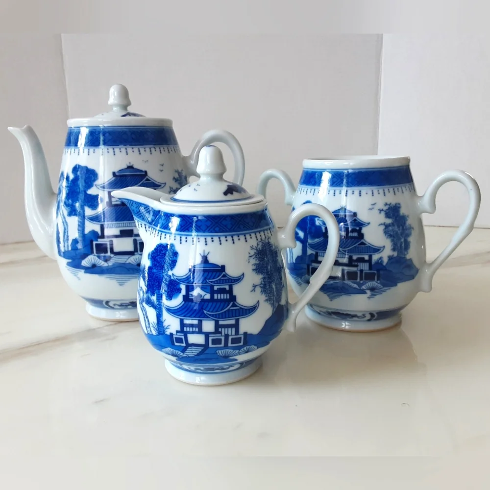 Jingdezhen Porcelain Blue & White Canton 3 Piece Tea Set - Vtg